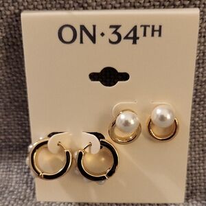 On 34th Small Gold Earrings With Pearl Accents, 2 Pair